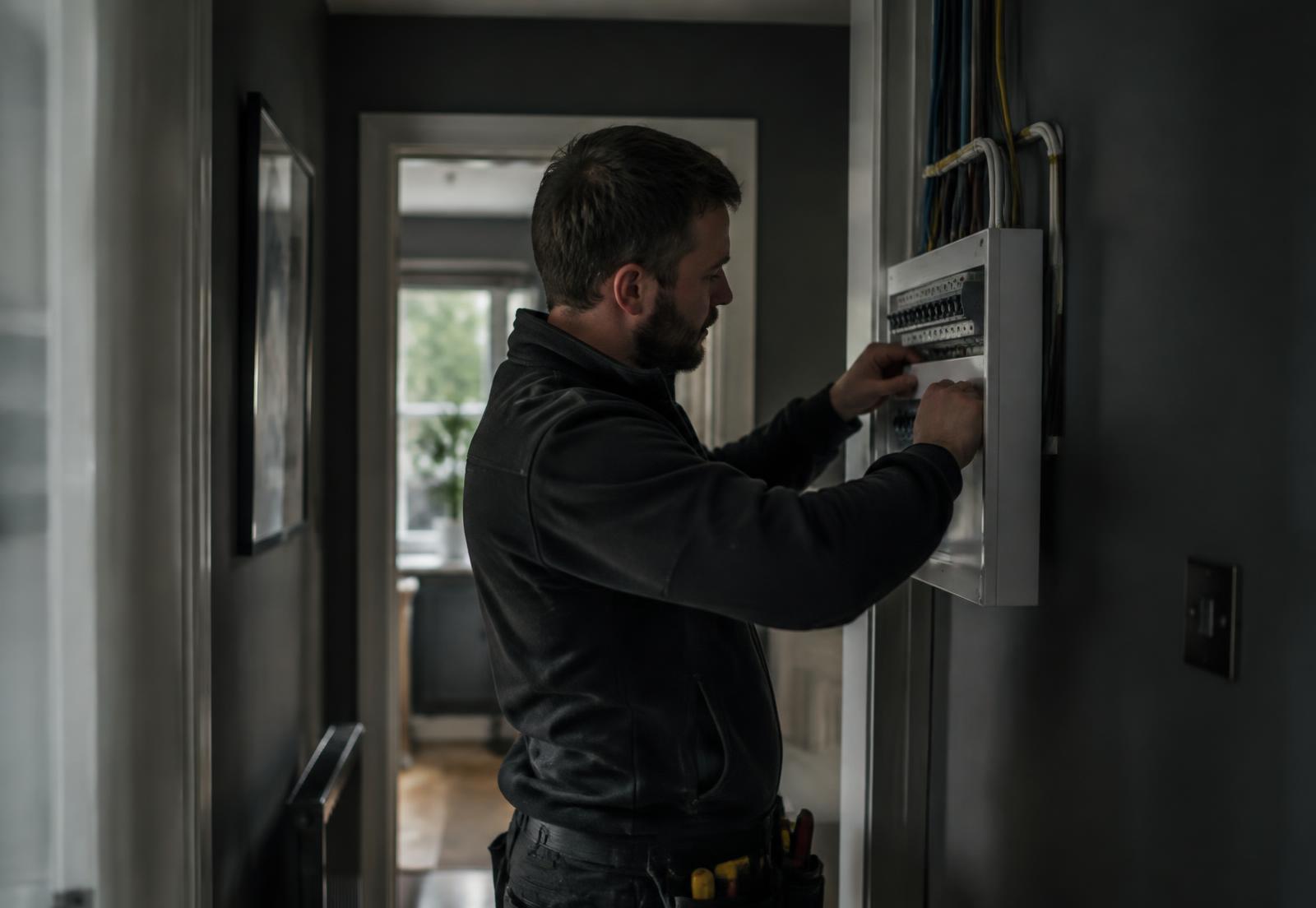 Electrician fitting a consumer unit in a home hallway